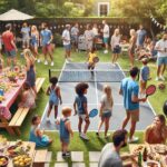 Family fun, playing pickleball in a sunny backyard, with parents and kids smiling and hitting a pickleball over a makeshift net on a grass court.