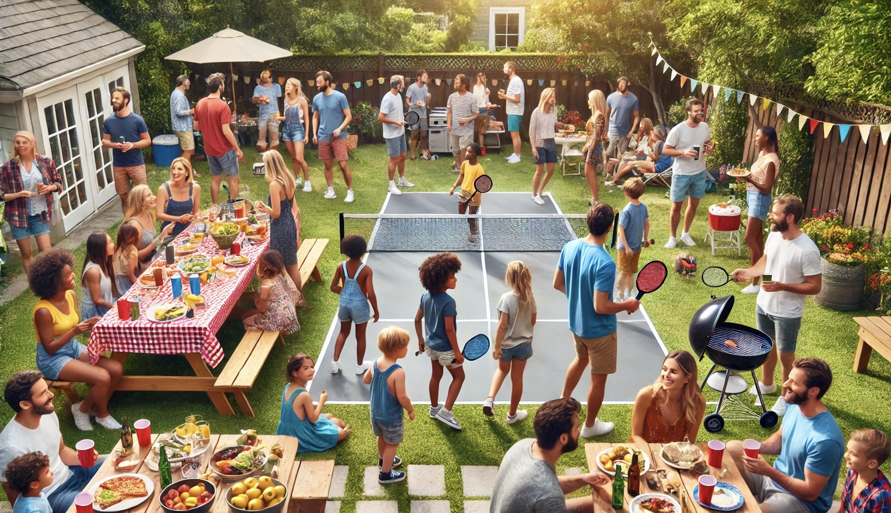 Family fun, playing pickleball in a sunny backyard, with parents and kids smiling and hitting a pickleball over a makeshift net on a grass court.